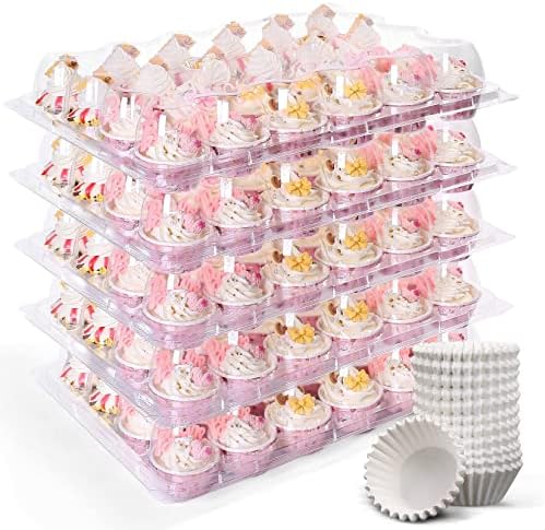 Kuppikakkuastiat | Mini Cupcake -säiliöt, 24 kpl, 12 pakkausta muovisia cupcake-telineitä 288 cupcake-vuokalla, kirkkaat kertakäyttöiset mini cupcake -kuljetusastiat irrotettavalla kupolikatolla – Mini-koko Kuppikakkuastiat Kuppikakkuastiat